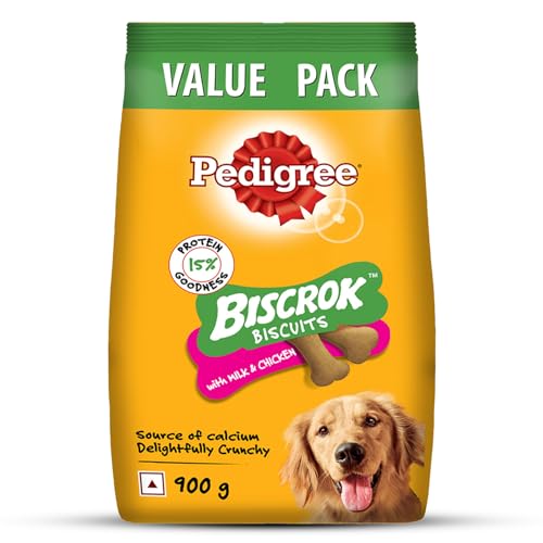 Pedigree Biscrok Biscuits (Above 4 Months) Dog Treats, Chicken with Milk Flavour, 900 g, Source of Calcium, Goodness of 15% Protein