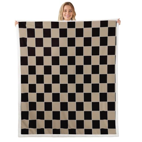 Image of Erosebridal Geometric Plaid Throw Blanket Twin 60 inchX80 inch Beige Black Brown Checkerboard Sherpa Blanket Checkered Grid Fleece Bed Blanket for Kids Boys Men,Modern Aesthetic Flannel Blanket