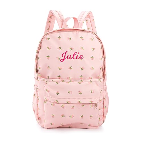 MT WORLD Floral Backpack Personalized Daycare Backpack with Name 16inch Flower Daypack with 2 Side Pockets & Spacious Interior Custom Daycare Bag for Overnight Daily Activities Birthday Gifts (Pink)