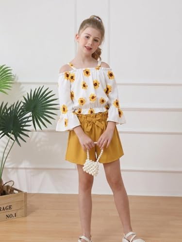 Image of Weebaby Girls Clothes 2 Piece Outfits Cute Kid Clothes Crop Top Paperbag Waist Shorts Set Summer Clothes for Tween Girls