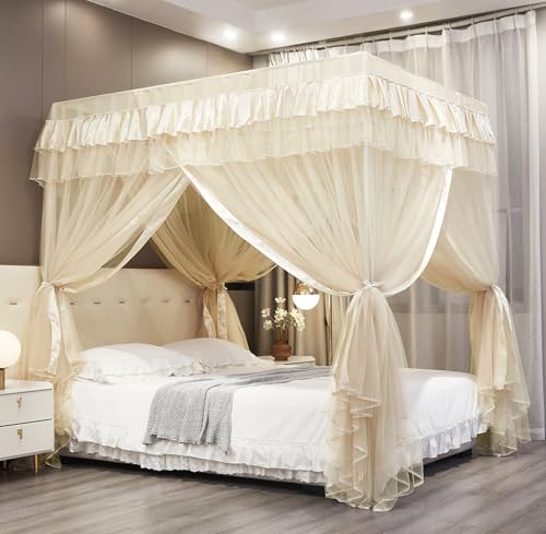 Mengersi Canopy Bed Curtains Full Sizes,Bed Canopy for Girls Royal Luxurious Cozy Bed Drapes Girls Room Decor(Ivory,Full)