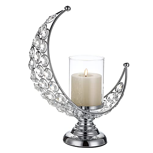 Tolida Moon Shape Crystal Tea Light Candelabra Candle Holder with Detachable Shade for Home Office Wedding Party Reception Table Center Decoration, Silver