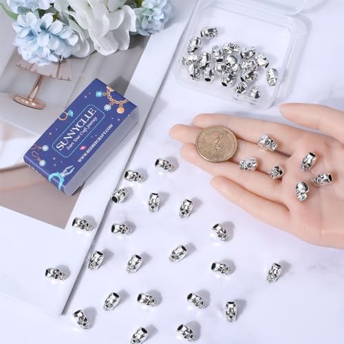 SUNNYCLUE 1 Box 50PCS Skull Spacer Beads Skeleton Head Beads Beard Silver Antique Tibetan Metal Halloween Large Hole European Loose Spacers Bead Bulk for Jewellery Making Beads DIY Bracelet Necklace - Image 3