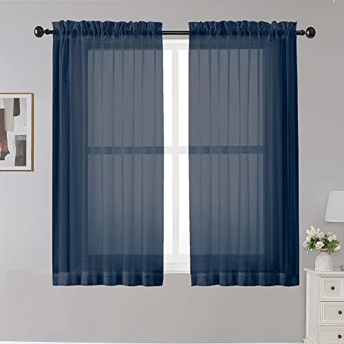 Image of OWENIE Sheer Curtains - Navy 45 inch Long, Light Filtering Tiers for Kitchen, Bedroom, Basement, Short Curtains Panels Rod Pocket, Cafe Curtains for Small Window, 42 inch W x 45 inch L