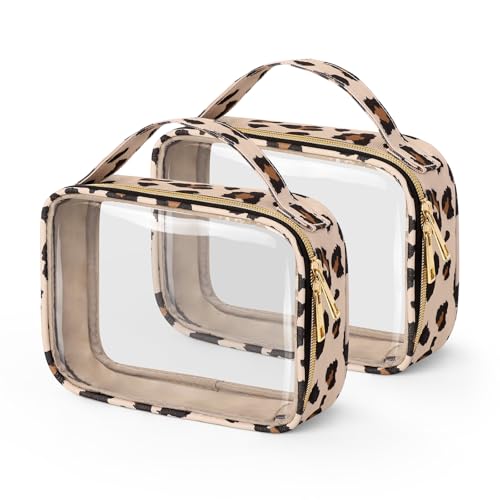 Image of Wedama Clear Toiletry Bag, 2 Pack Clear Makeup Bags with Handles, Large Travel Bags PVC Cosmetic Bag for Women and Men, Carry on Airport Airline Compliant Bag, Leopard Print