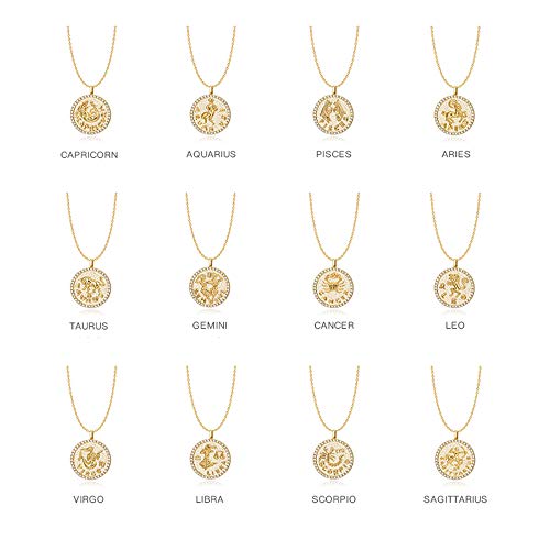 Constellation Necklace Pendant 14K Gold-Plated Hammered Round Disc Engraved Zodiac Sign Pendant 16.9’’ Adjustable Dainty Necklace Mothers Gifts for Her4