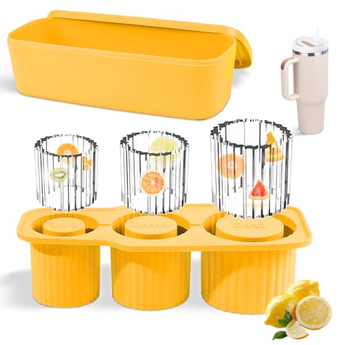 Molde de Hielo para Stanley Cup, JRISBO Cubitera de Hielo de Silicona sin Bpa con Tapa y Contenedor, Hacer 3 Cubitos de Hielo Grandes Ice Mold Tray Accesorios para Stanley (Amarillo)