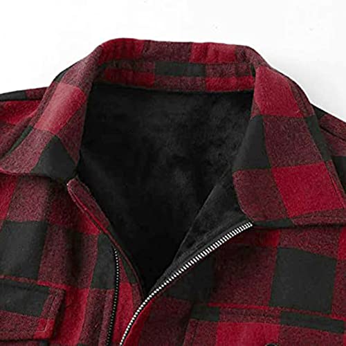 Herren Flanelljacke Jacke Kariert Flanellhemd Karohemd Thermohemd mit Reißverschluss Fleece Gefüttert Winterjacke (Rot, XL)