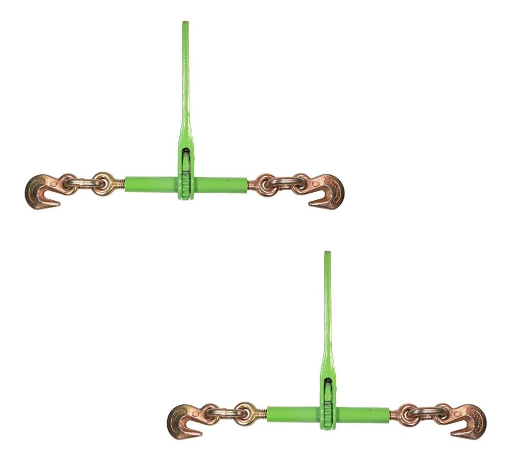 Mytee Products 2 Pack 3/8" - 1/2" Hi-Viz Green Heavy Duty Ratchet Load Chain Binder with Grab Hooks - 9,200 Lbs Working Load Limit - Flatbed Transport Truck Trailer Tie Down Hauling