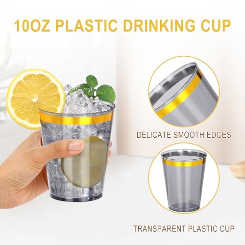 Image of 100 Pcs Gold Black Plastic Cups,10Oz Gold Rimmed Plastic Cups,Heavy Duty Gold Rim Clear Disposable Plasitc Cocktail Tumblers Wine Cup for Party,Wedding,Birthday,Christmas