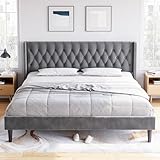IDEALHOUSE Queen Size Bed Frame with Headboard, Modern Queen Bed Frame, Deep Button Tufted Headboard with Wingback, Velvet Upholstered Platform Bed Frame, No Box Spring Needed, Easy Assembly, Gray