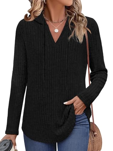 Lylinan Gemütlicher Strickpullover für Damen, gerippter V-Ausschnitt, Sweatshirts für Herbst-Outfits, S-XXL, Schwarz, Groß