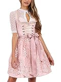 DESIGN | Das traumhafte MINI Dirndl Springflower in der Farbe rosa und dem dezent floralen Muster überzeugt auf Anhieb. Schöne Borten verzieren das Dekolleté. Ein wahres Highlight ist die bestickte Schürze.