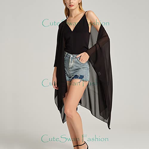 CuteSwan Women's Floral Print Chiffon Kimono Cardigan Loose Cover Up Casual Long Boho Sheer Cardigans Plain Black - Image 3