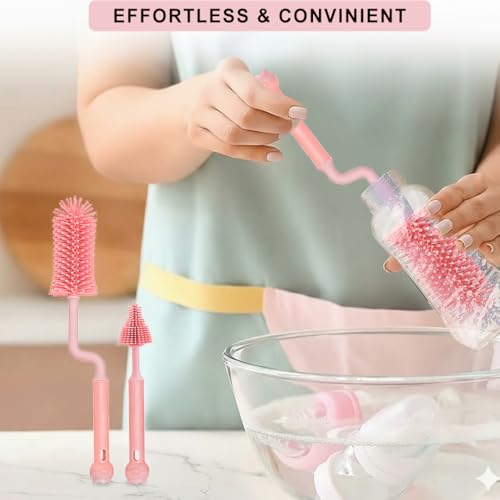 Image of TONY STARK Baby 360 Rotating Silicone Bottle Cleaning Brush & Nipple Cleaner - Ergonomic Handle, Flexible Bristles for Deep Cleaning Narrow & Wide Neck Feeding Bottles (Pink)