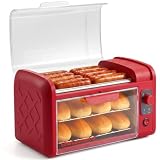 Elite Gourmet 8 Hot Dog Roller & Toaster Oven | 5 Stainless Steel Rollers, 30-Min Timer, Auto Shut-Off, 2 Warming Racks, Bun Warmer, Drip Pan | Cooks Brats, Sausages, Taquitos | Red