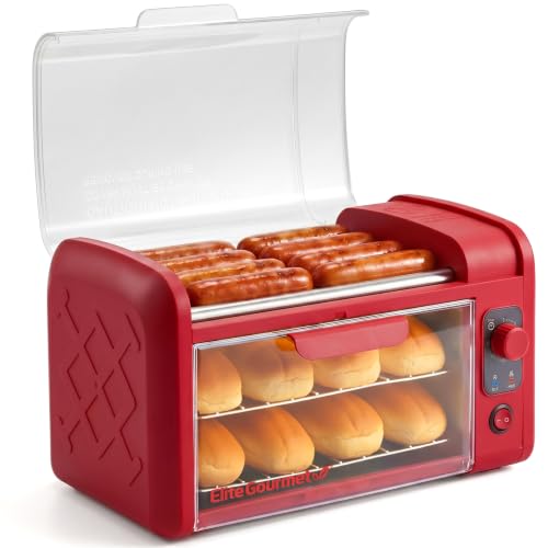 Elite Gourmet 8 Hot Dog Roller & Toaster Oven | 5 Stainless Steel Rollers, 30-Min Timer, Auto Shut-Off, 2 Warming Racks, Bun Warmer, Drip Pan | Cooks Brats, Sausages, Taquitos | Red
