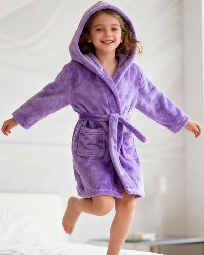 Image of Girls Fleece Hooded Robes, Warm Printed Bath Robe for Kids Soft Fuzzy Bathrobe for Gifts