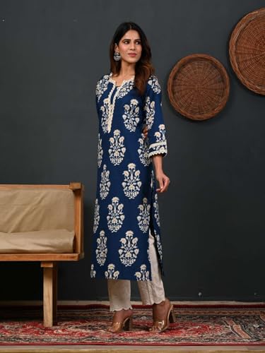 Image of Rimeline Women's Cotton Printed Kurta with Lace Yoke Detail | Elegant Straight Fit Ethnic Wear for Office, Casual & Daily Styling