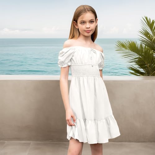 Simplee kids Girls Dresses Off The Shoulder Summer Tween Dress Smocked Ruffle Puff Sleeves Dresses for Girl Kids 4-15 Years3