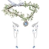 SWEETV Fairy Crown Elf Ears Cuffs Set Flower Crown Headpiece Halloween Elves Cosplay Set Renaissance Costume Medieval Tiara