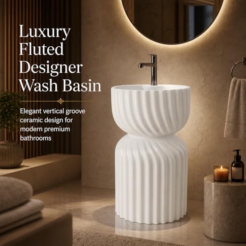 Image of Well Set Luxury Ceramic One Piece Pedestal Wash Basin | Premium Stand Wash Basin Square for Home Office Hotel | Glossy White