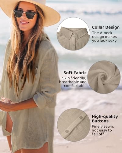 Image of CoCozy Bathing Suit Cover Ups for Women, Long Sleeve Swimwear Button Down Shirt Dress Swimsuit Bikini Beach Cover Up 2026,Khaki