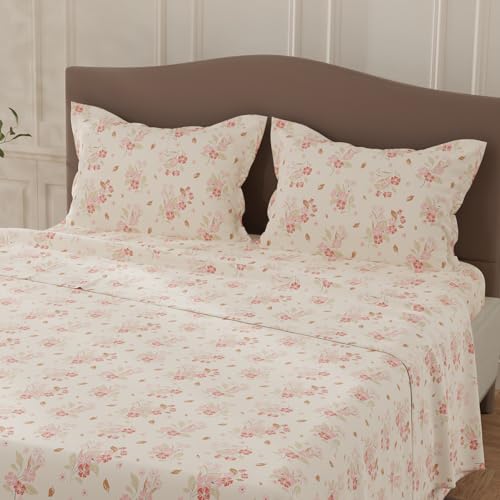 Image of Layers 100% Cotton Bedsheet for Double Size Bed | Lumina Floret Collection | 144 TC Soft & Breathable | Floral Print with 2 Pillow Covers | Wrinkle Free & Colorfast | 3 Piece Bedding Set - Pink