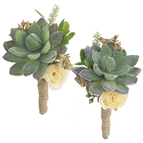Rinlong 2Pcs Succulent Boutonnieres with Pins for Men, Groom, Groomsmen