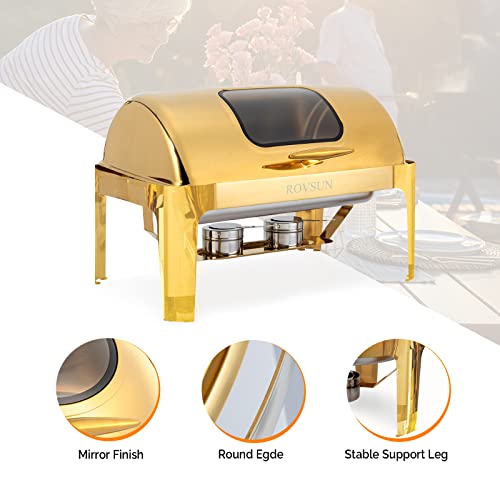 ROVSUN 9QT 3 Pack Roll Top Chafing Dish Buffet Set, Rectangular NSF Stainless Steel Buffet Warmer Chafers with Thick Frame for Catering Events Parties Weddings Dinners, Gold
