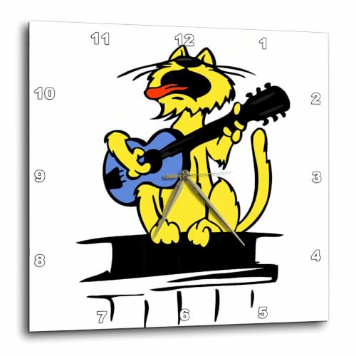 3dRose dpp_164461_3 Yellow Cat Playing Blue Guitar and Singing-Wall Clock, 15 by 15-Inch