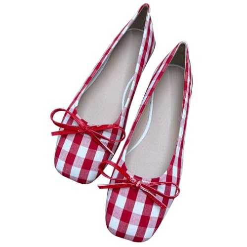 WENJIAZHIZHI Square Toe Gingham Bow Ballet Flats Slip On Red 10.5