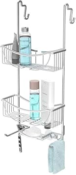 Better Living Products 13634 VENUS 3-Tier Over the Shower Door Caddy, Grey | Rustproof Aluminum Shower Door Organizer, 2 Large Baskets, Built-in Storage Hooks & Soap Dish, Suction Cups, No Drill