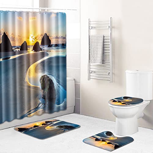 Badteppich Sonnenuntergang Meer Steine Badezimmerteppich Set 3 Teilig, 1 Badematte rutschfeste (50x80)+1 U-Typ…