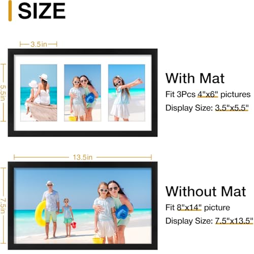 decorUhome 8x14 Picture Frames Collage Wall Decor, Display 3Pcs 4x6 Photos with Mat or 1Pcs 8x14 Unmatted, 3 4x6 Collage Picture Frames for Wall Mounting, Black