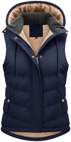 Tuopuda Damen Weste mit Abnehmbarer Kapuze Steppweste Fleece Gefüttert Fleeceweste Warme Winterjacke Ärmellos Jacke Thermo Stehkragen Vest Kapuzenweste Reißverschlüsse Herbst Winte