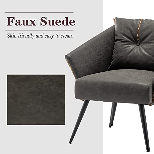 Alunaune Mid Century Grey Accent Chair, Upholstered Modern Club Arm Chair Faux Leather Living Room Chairs Tub Bucket Large Lounge Chair Single Sofa For Bedroom #TOP5