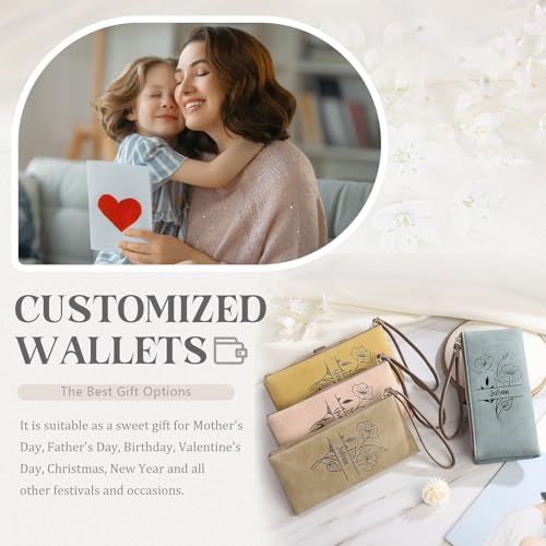 Personalized Birth Flower Wristlet Wallets for Women Custom Name Bifold Long Purse Leather Wallet Birthday Gifts for Mom Grandma Ladies (khaki)3