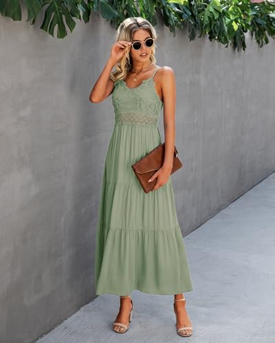 Image of Dokuritu Women's Beach Crochet Lace Maxi Dress Solid Color Summer Vacation Wedding Guest Spaghetti Strap Long Dress