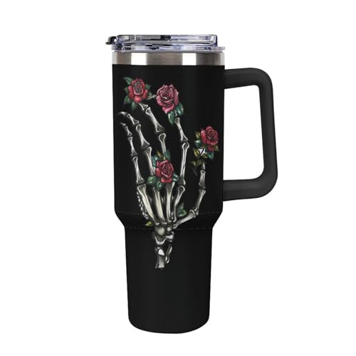 Taza de viaje original de 40 oz con esqueleto y rosa roja, el regalo ideal para coche