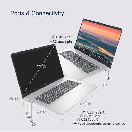 Image of HP 17 Laptop, 17.3 inch FHD Display, 16GB RAM, 1TB SSD, AMD Ryzen 5 Processor(Beats i7-1165G7, Up to 4.3GHz), Webcam, Numeric Keypad, Long Battery Life, Windows 11 Home, Alpacatec Accessories, Silver