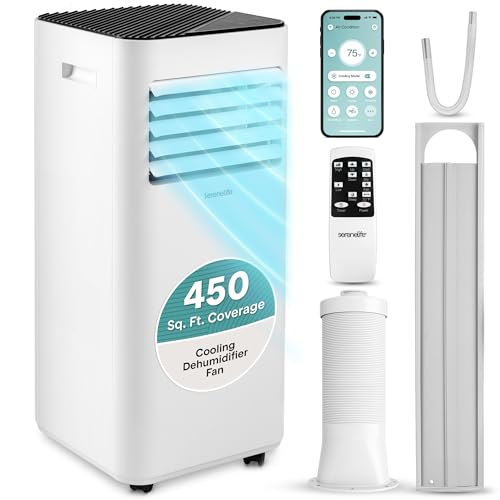 SereneLife Small Air Conditioner Portable 10,000 BTU with Built-in Dehumidifier - Portable AC unit for rooms up to 450 sq ft - WiFi app + Remote Control, Window Mount Exhaust Kit