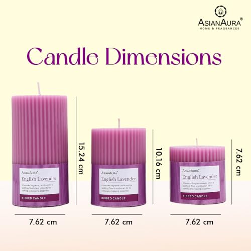 Image of ASIAN AURA Ribbed Pillar Candles - Pack of 3 | Scented Candles for Home Decor, Gifting & Festive Use | Long Burn time up to 36hrs | Clean-Burning Wax & Smokeless Flame (Lavender)