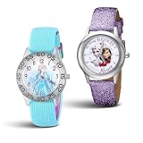 ディズニー アナと雪の女王 2パック 腕時計セット 4~7歳のお子様向け – エルサとアナの文字盤デザイン – シルバーベゼル パープルグリッターとブルーナイロンストラップ – 女の子へのギフト– ミステリーボーナスウォッチ2個入
