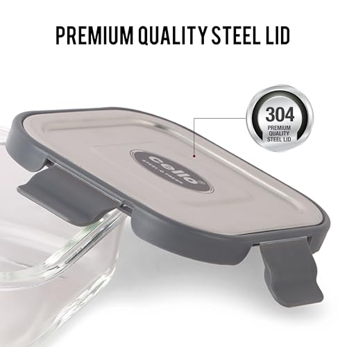 Image of CELLO Steel-O Fresh Square Toughened Glass Container 800ml, Grey | Multipurpose Storage | Microwave, Oven, Freezer & Dishwasher Safe | Leakproof Lid | Glass Container For Kitchen, Fridge & Office