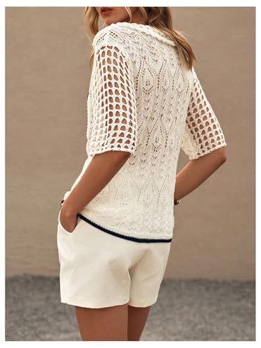 SHENHE Women's Crochet Short Sleeve Button Down Cardigan Hollow Out Lightweight Summer Sweater2