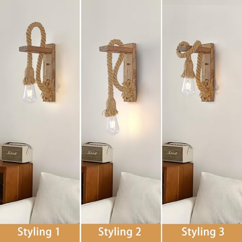 Image of KEESFU Wall Sconce Set of 2, Farmhouse Wood & Hemp Rope Wall Mount Light Fixture, Rustic Light Fixtures for Bedroom Entryway Hallway Living Room.