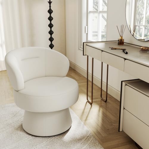 ChicAura 360° Swivel Accent Chairs, Modern Chenille Upholstered Boucle Dining Chair with Back, Vanity Chair Accent Armchair Side Chairs for Dining/Living Room, Bedroom, White