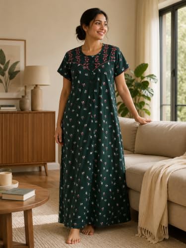 Image of 9shines Label Stylish Bamboo Cotton Nighty Maxi for Women | Full Length Trendy Nightgown | Premium Nightdress | Nightwear | Embroidery Nighty with Pocket (9666)
