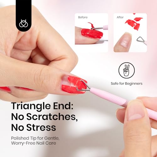 Image of Beetles Gel Nail Remover Tool Dual-end Cuticle Pusher, Triangle End Remove Gel Polish Angled End Clean Crevice Dirt Two in One Tool Dead Skin Nail Scraper Stainless Steel Pink Remover Pusher
